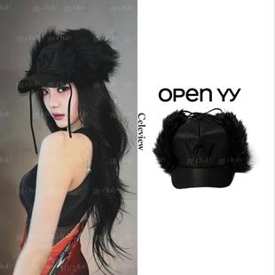 宁艺卓同款 yy字母刺绣仿皮草毛绒护耳帽加厚保暖鸭舌帽