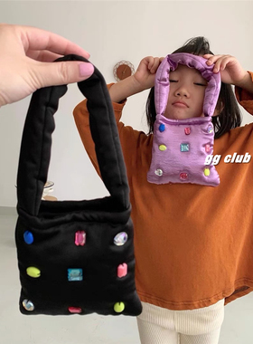 韩国ins小众设计钻石包包女痞幼同款手缝宝石小方单肩手提包