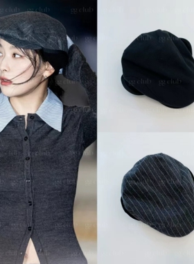 姜涩琪同款 韩国yy复古条纹护耳帽女秋冬羊毛前进帽鸭舌帽子