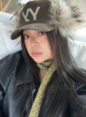 现货实拍 24秋冬新款 宁艺卓同款 毛绒保暖字母刺绣护耳棒球帽