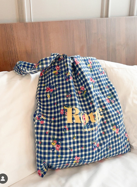 2022新品INS博主同款蓝色格纹花朵logo印花帆布袋