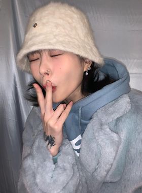 韩国ins毛绒h标 简约百搭盆帽保暖兔毛渔夫帽