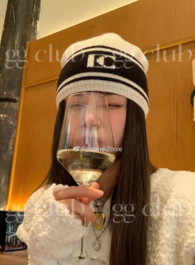 韩版MONA同款羊毛针织帽 女小香风黑白字母条纹护耳冷帽毛线帽LOW