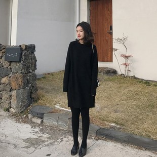 毛衣裙小黑裙外穿内搭打底裙遮肚子显瘦长袖 黑色针织连衣裙女秋冬