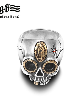 骷髅头纯银复古红宝石镶嵌戒指