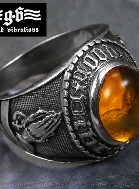 Good Vibrations镶嵌琥珀石祈祷之手男士复古925银个性大宝石戒指