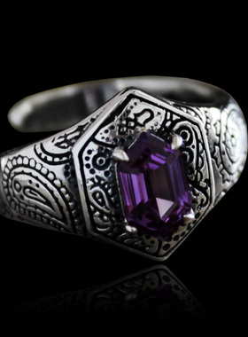 Good Vibrations潮品 紫晶复古雕花纯银戒指 开口戒指 女泰银戒子