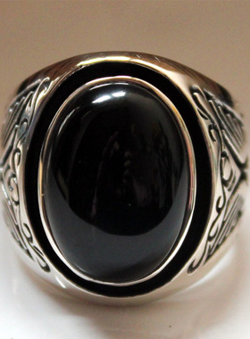 热购银饰进口925泰银大气黑玛瑙纯银戒指男士复古泰银个性食指黑