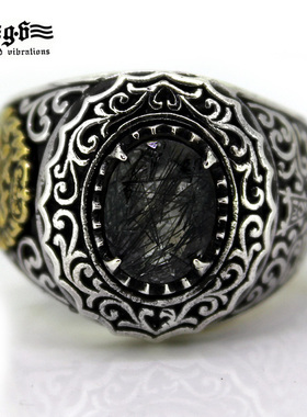 Good Vibrations黑发晶复古纹十字架开口泰银戒指纯银戒子男生女