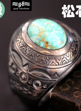 Good Vibrations 绿松石纯银戒指男士复古做旧染黑个性泰银戒子宽