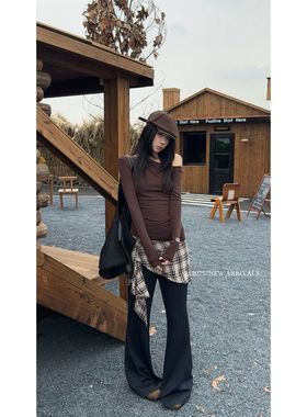 Esu 原创设计2025秋冬新款格子屁帘拼牛仔微喇裤 显瘦休闲长裤