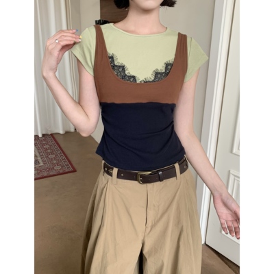 三色拼蕾丝假两件上衣女T恤夏季
