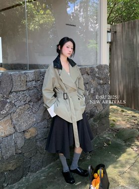 Esu 原创设计 2025秋冬新款风衣女 撞色皮领中长款外套 休闲时尚