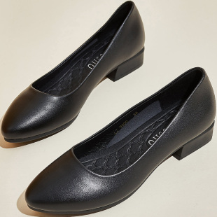 久站不累职业女鞋 酒店软底工作鞋 通勤单鞋 尖头粗跟3cm女黑色皮鞋