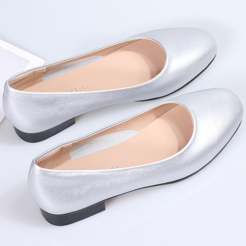 方头银色单鞋女粗跟不累脚软底皮鞋职业通勤女鞋空姐工作鞋低跟鞋,女鞋,浅口单鞋,淘宝优惠券,粉丝福利购,淘宝优惠卷