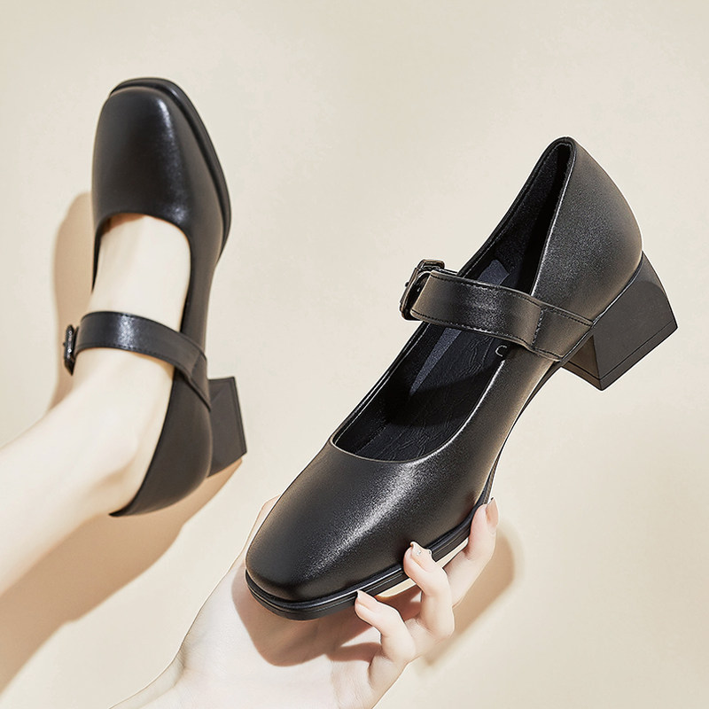 方头黑色粗跟高跟鞋女软底一字扣单鞋浅口工作皮鞋女式通勤妈妈鞋,女鞋,浅口单鞋,淘宝优惠券,粉丝福利购,淘宝优惠卷