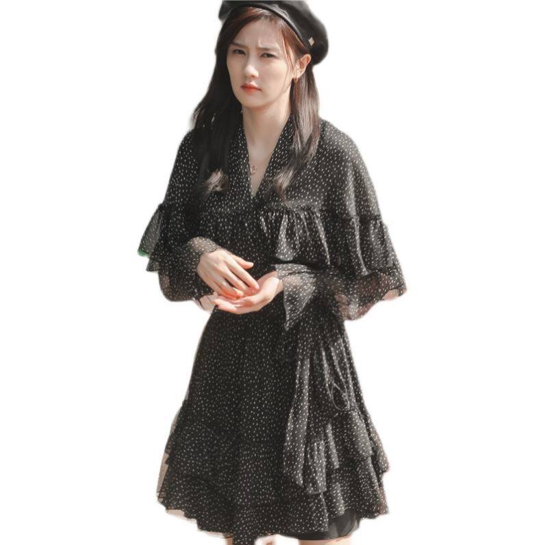 一生一世白鹿时宜同款衣服V领黑色波点连衣裙荷叶边雪纺裙A字短裙