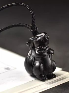 黑色木雕鼠吊坠挂件实木十二生肖木头鼠吉祥物挂件木质装饰工艺品