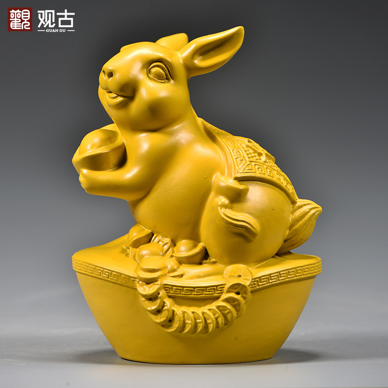 黄色实木兔子摆件木质雕刻十二生肖木头小兔吉祥物装饰木制工艺品