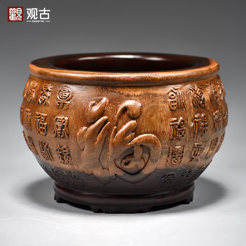 黑檀木雕刻聚宝盆摆件红木