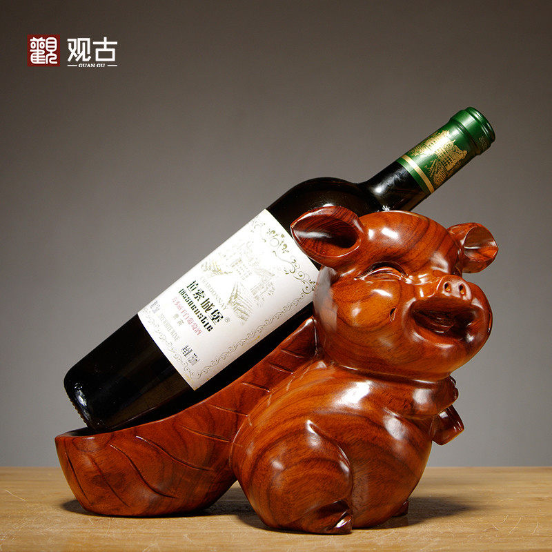 花梨福猪家居客厅葡萄酒架木雕