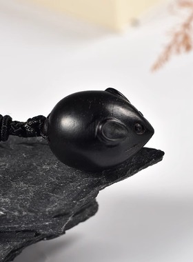 黑色木雕鼠吊坠挂件实木十二生肖木头鼠吉祥物挂件木质装饰工艺品