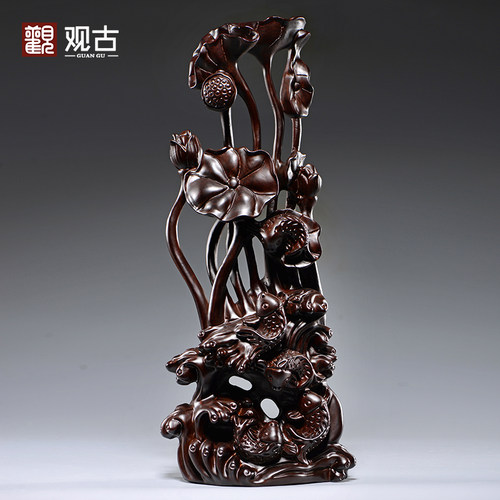 黑檀鱼根雕荷花摆件家居装饰祝福