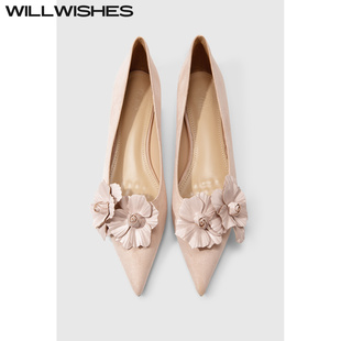 王玎设计女鞋 5011 春秋时尚 女 尖头浅口低跟花朵单鞋 WILLWISHES