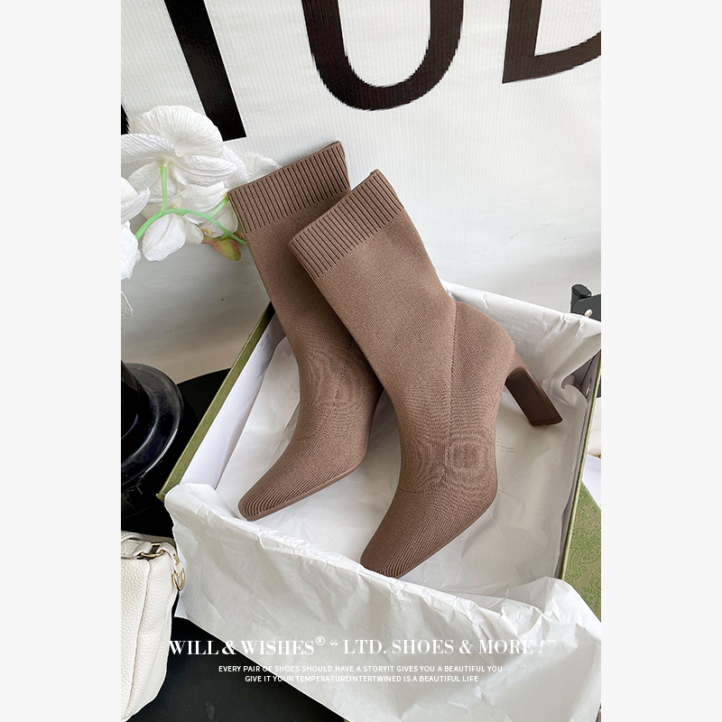 WILLWISHES弹力针织高跟瘦瘦靴