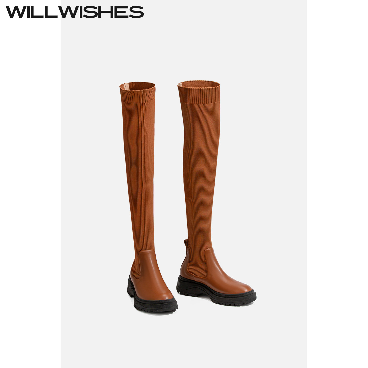 WILLWISHES 王玎设计欧美风时尚厚底过膝长筒靴弹力瘦瘦靴女#2201,女鞋,弹力靴/袜靴,淘宝优惠券,粉丝福利购,淘宝优惠卷