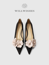 туфли willwishes【山茶花之恋~】法式单鞋女春秋尖头浅口花卉平底鞋女