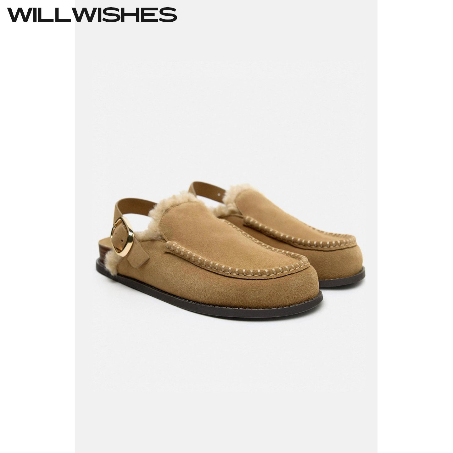 WILLWISHES 王玎设计一脚蹬平底勃肯鞋女厚底加绒半拖单鞋女#441,女鞋,包头拖,淘宝优惠券,粉丝福利购,淘宝优惠卷