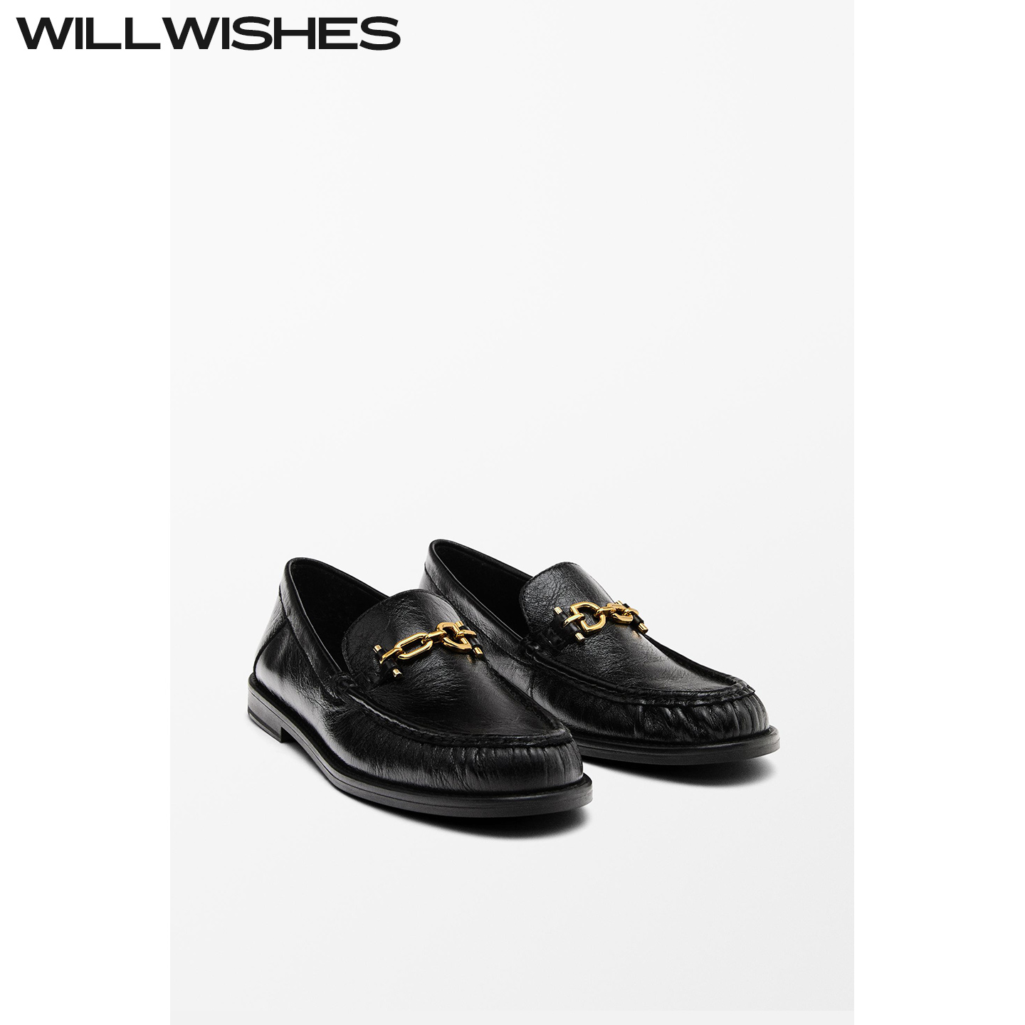 WILLWISHES黑色圆头平底乐福鞋