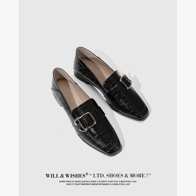 WILLWISHES【温莎学院~】乐福鞋女春季一脚蹬单鞋粗跟方头小皮鞋