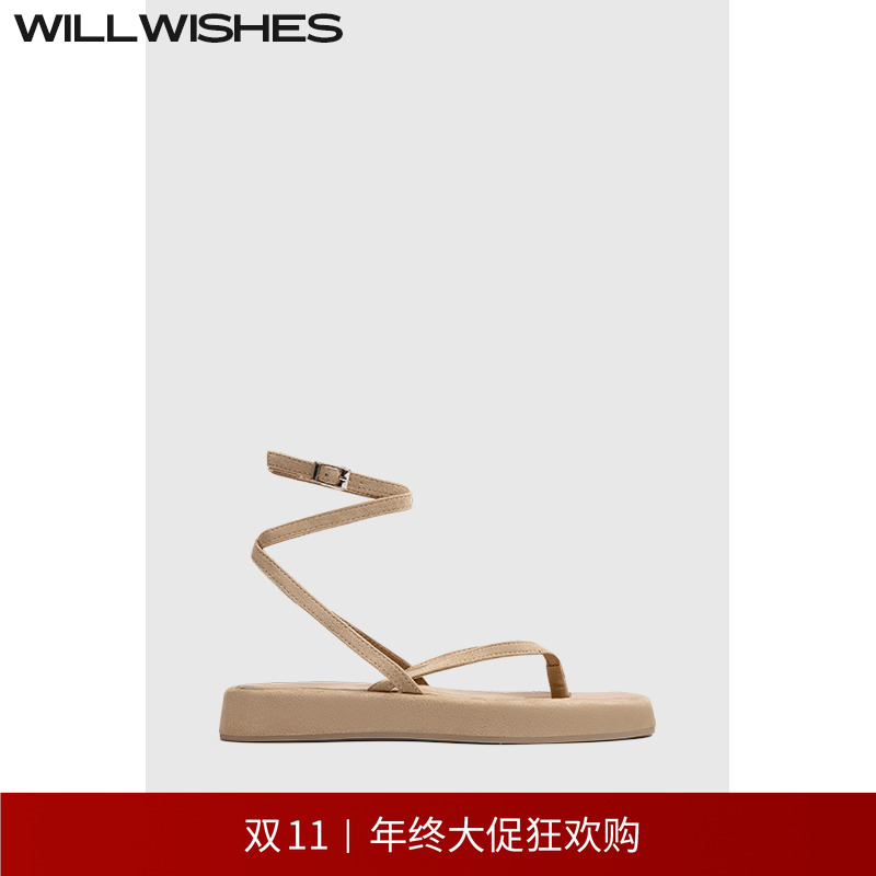 WILLWISHES 王玎设计罗马凉鞋女2025春夏时尚夹趾一字绑带厚底鞋