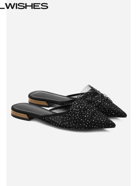 WILLWISHES 王玎原创设计仙女单鞋网纱水钻尖头浅口平底#37264-6