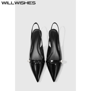 WILLWISHES 女2025夏季 尖頭淺口后空高跟單鞋 女 王玎設計細跟涼鞋
