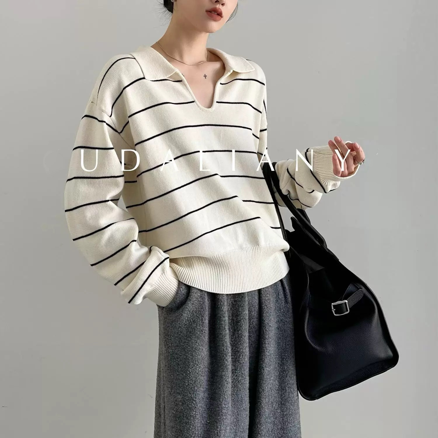 经典法式条纹polo针织衫秋冬季羊毛宽松V领长袖上衣女