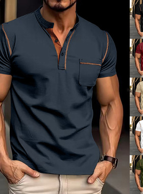 Men's T-shirt 欧美男装2025短袖反车边T恤休闲Polo衫男士上衣