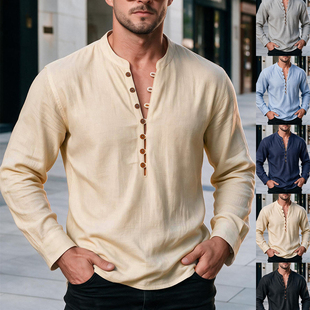Men's T shirt 2026男士春秋休闲立领长袖半开门襟衬衫亨利衫上衣