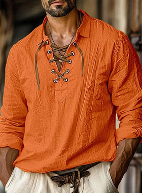 Men's casual shirt T-shirt男士翻领系绳长袖衬衫大码上衣T恤