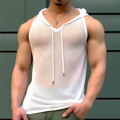 男士连帽无袖上衣透视性感背心