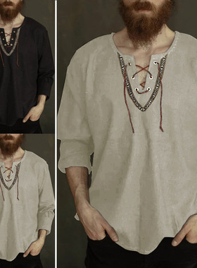 抽绳长袖衬衫立领男士衬衣