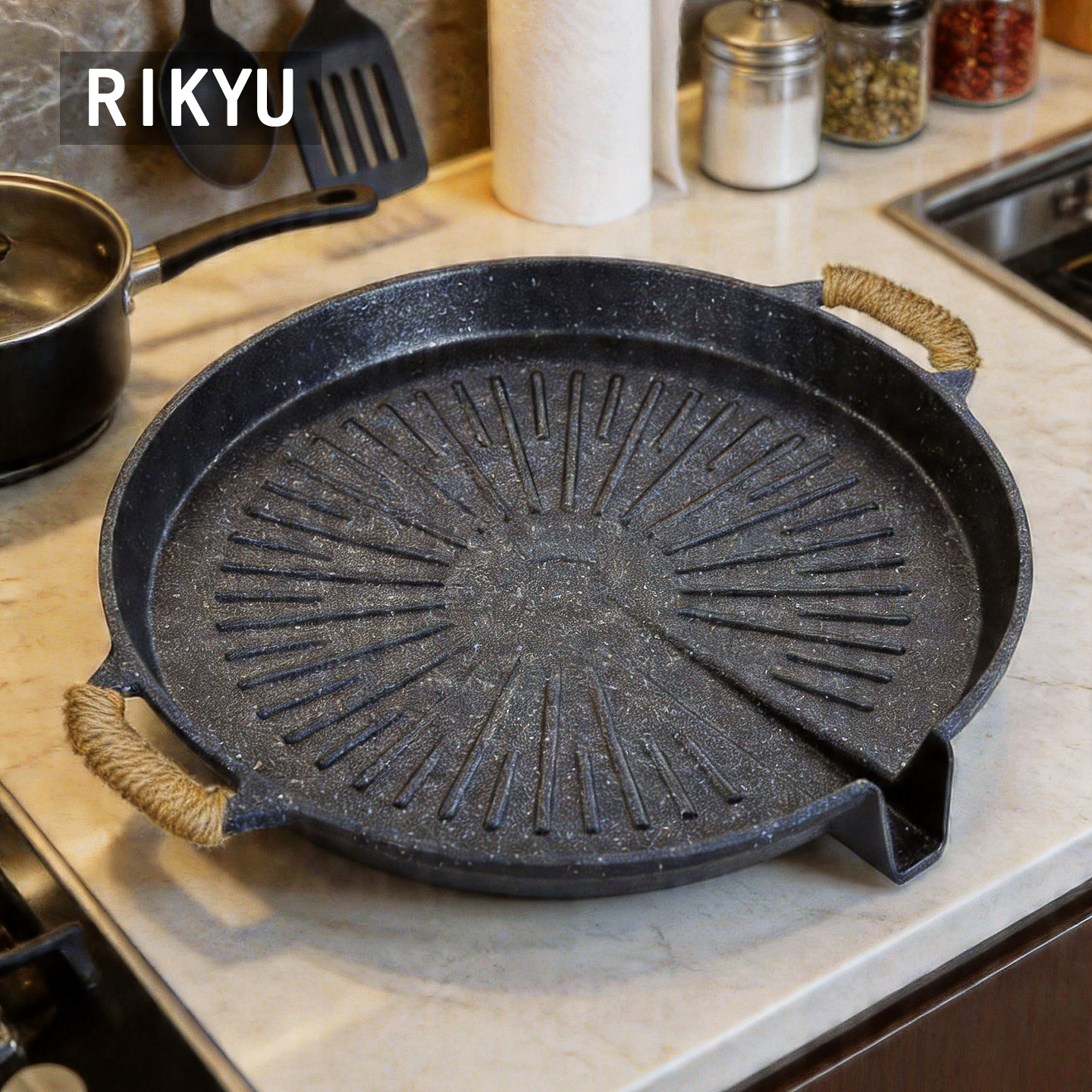 Rikyu利休日式电磁炉烤盘麦饭石色不粘烤肉锅铁板烧烤盘韩式牛排