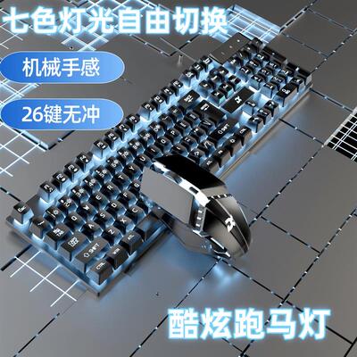 炫酷跑马灯有线键盘鼠标机械茶轴手感发光USB游戏办公通用7色变光