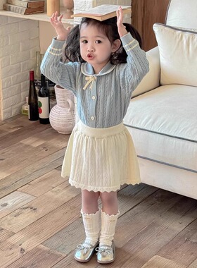 女童春装新款海军领蓝色针织开衫毛线开衫外套儿童秋春季麻花毛衣