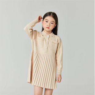 女童秋春季长袖polo领连衣裙中大童毛衣裙韩版毛线针织短裙百褶裙