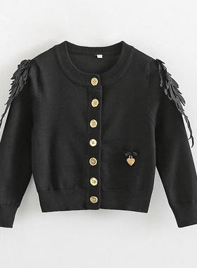 洋气黑色女童春秋季翅膀针织开衫宝宝纯棉线外套儿童毛衣