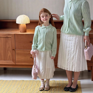 女童春秋季新款洋气果绿色翻领针织开衫母女亲子装薄款毛衣外套