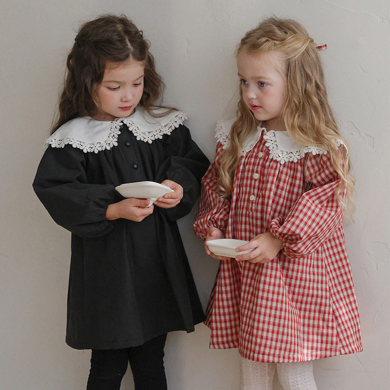 女童洋气格子红色蕾丝花边娃娃裙新年服春季儿童加绒加厚连衣裙